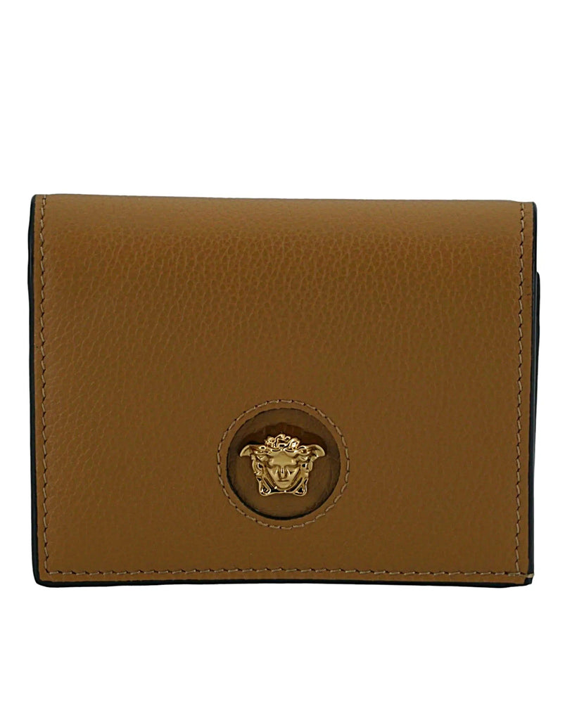 Versace Brown Calf Leather Compact Wallet    Gorgeous brand new with tags and box, 100% Authentic Versace Compact Wallet Model: DPDI058_ DVIT4T__IT 1N70V Color: Brown Material: Calf Leather Details: Medusa head logo, 2 card slots, internal zip compartment, and 1 internal slip pocket, with gold-tone hardware and logo details. Measurement L*H*W: 11cm*9cm*3cm