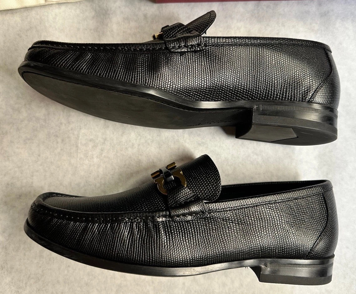 Salvatore Ferragamo Black Gancini Men Leather Loafers Shoes EU 41.5 US 7.5 EEE